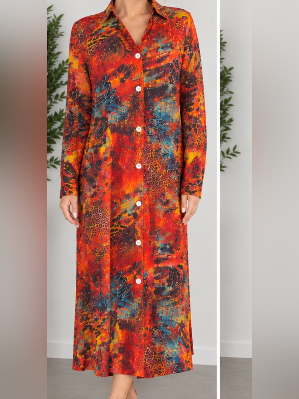 Chico's Red Multicolor Abstract Button-Front Maxi Tunic